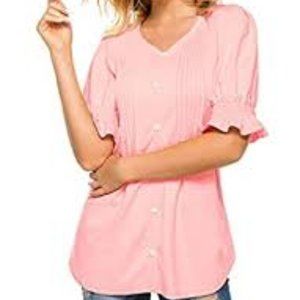 HOCOSIT Women's Puff Short Sleeve Pleated V Neck T